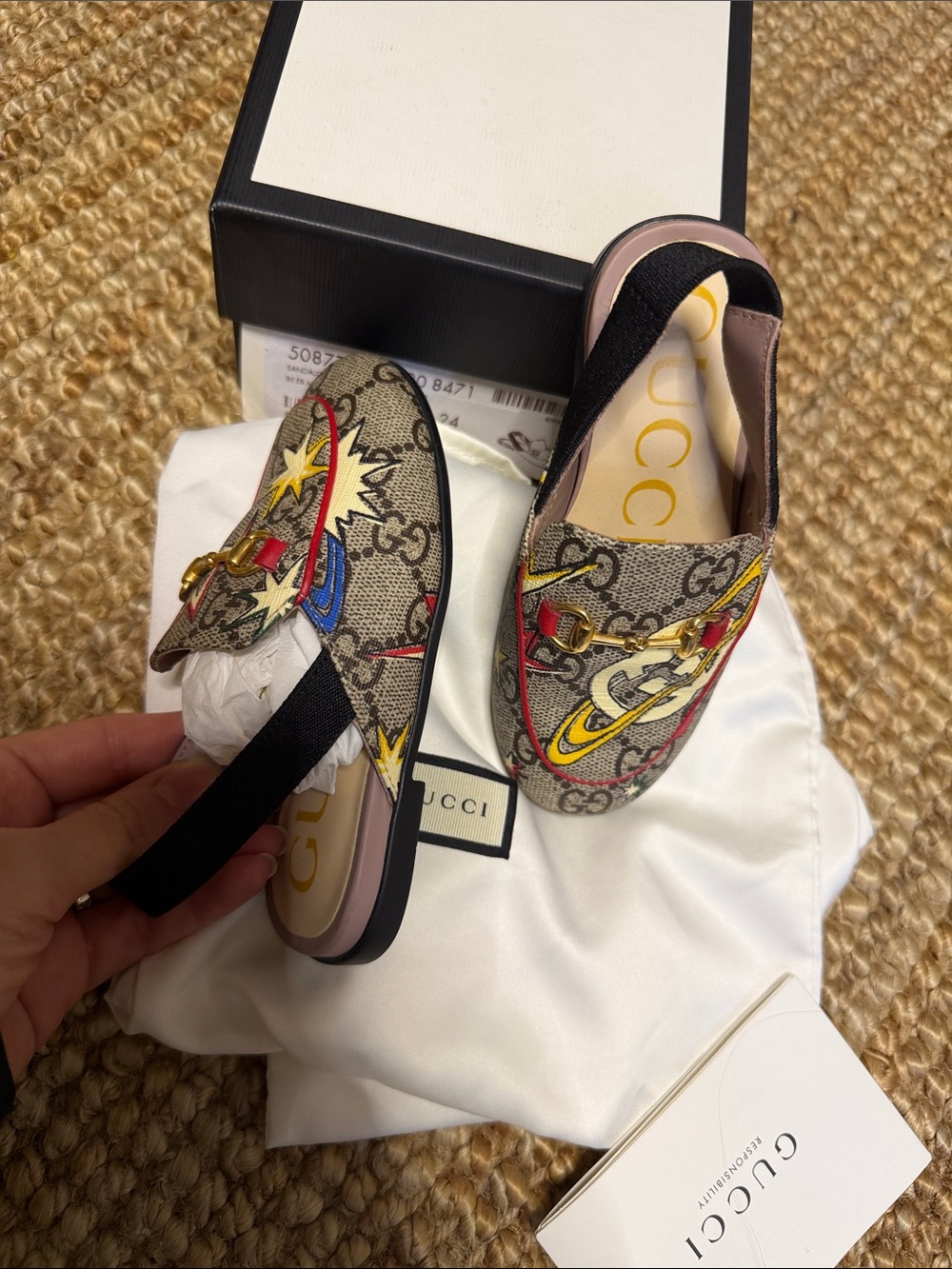 Gucci Beige GG Canvas Backstrap Mules with Multicolor Planet & Star! Like new 24